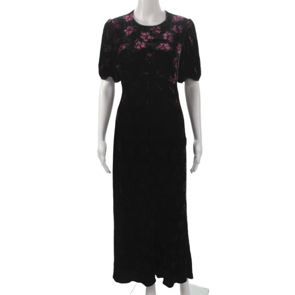 Rixo Women Maxi Floral Dress Black Short Sleeve Round Neck Tie Waist Size M